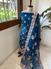 Teal Dupatta Set (Kurta+Dupatta) with Thread Embroidery in Pure Organza - Masakalee