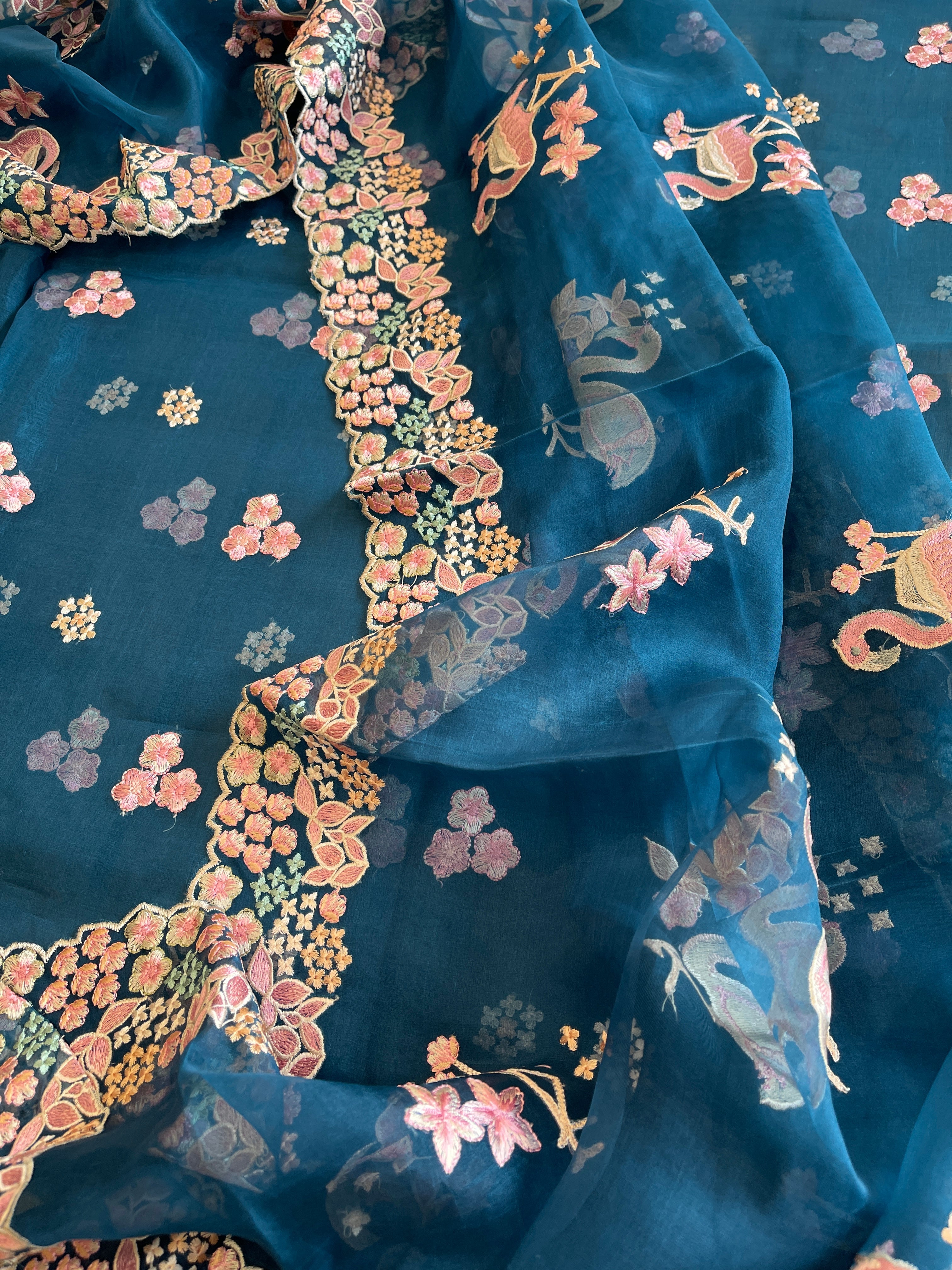 Teal Dupatta Set (Kurta+Dupatta) with Thread Embroidery in Pure Organza - Masakalee