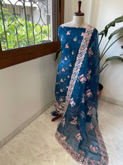 Teal Dupatta Set (Kurta+Dupatta) with Thread Embroidery in Pure Organza - Masakalee