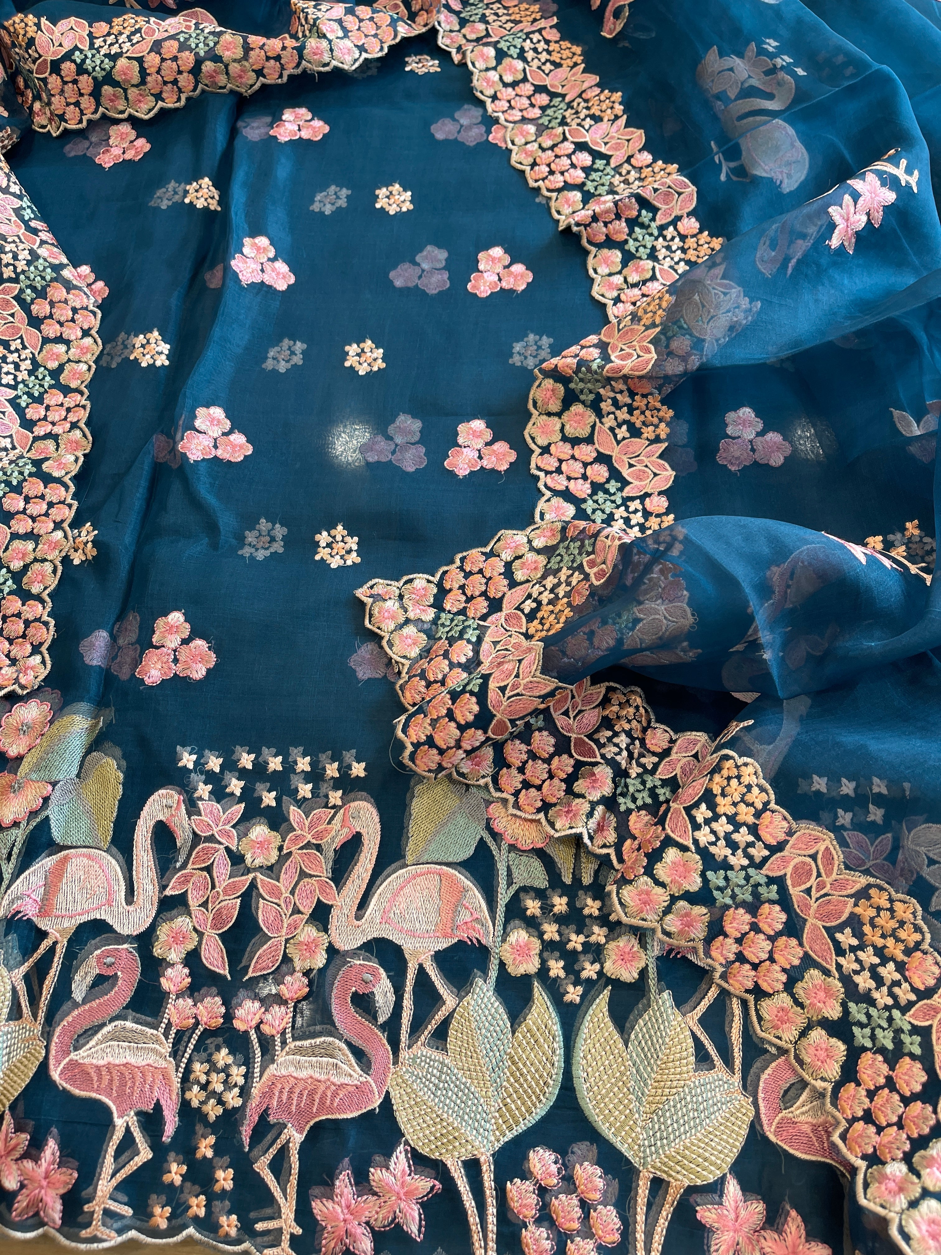 Teal Dupatta Set (Kurta+Dupatta) with Thread Embroidery in Pure Organza - Masakalee