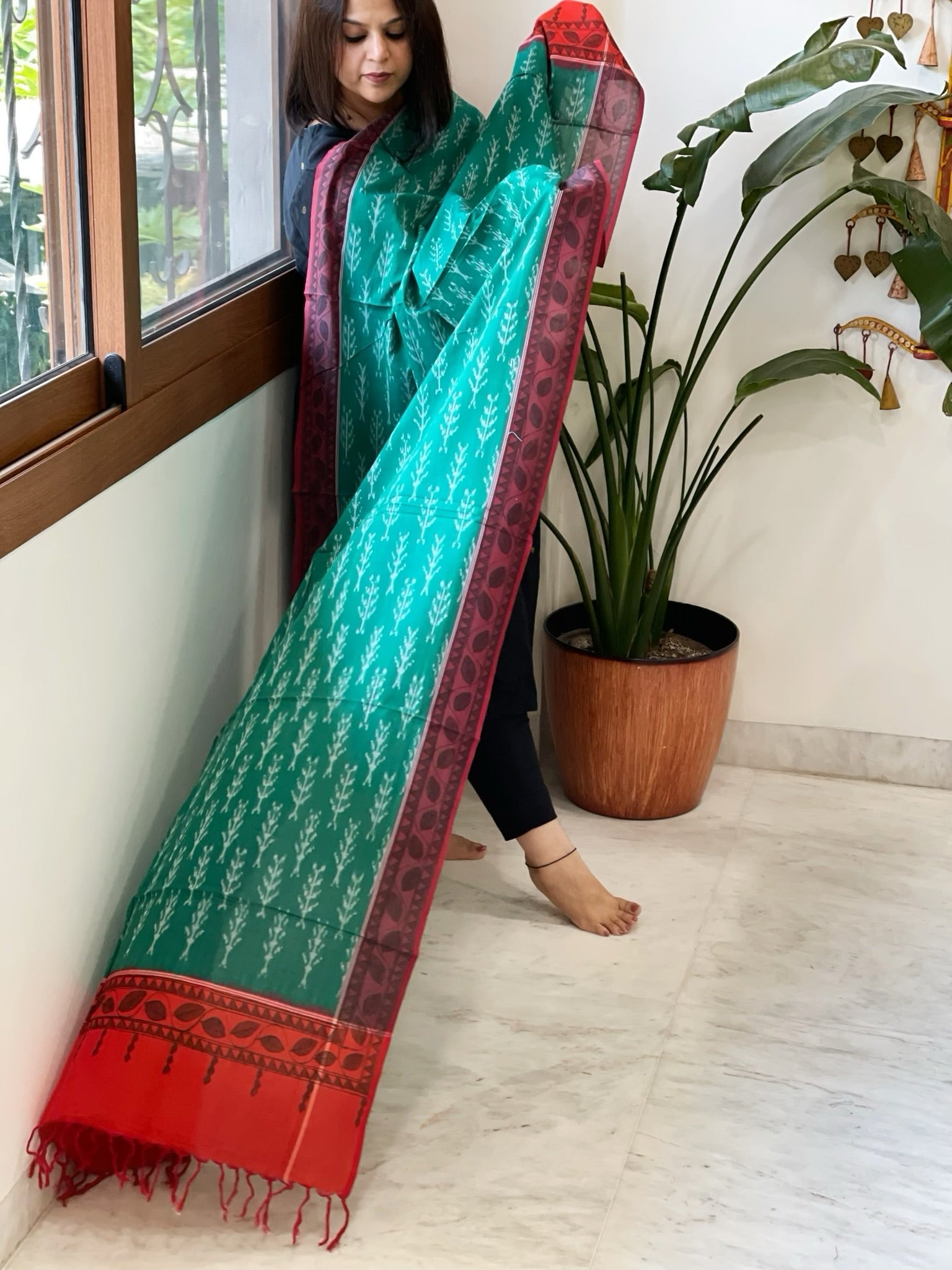 Teal Green Handwoven Ikat Dupatta with Handpainted Madhubani in Cotton - Masakalee