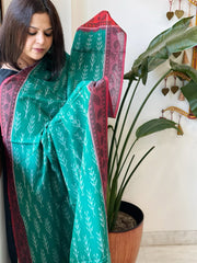 Teal Green Handwoven Ikat Dupatta with Handpainted Madhubani in Cotton - Masakalee