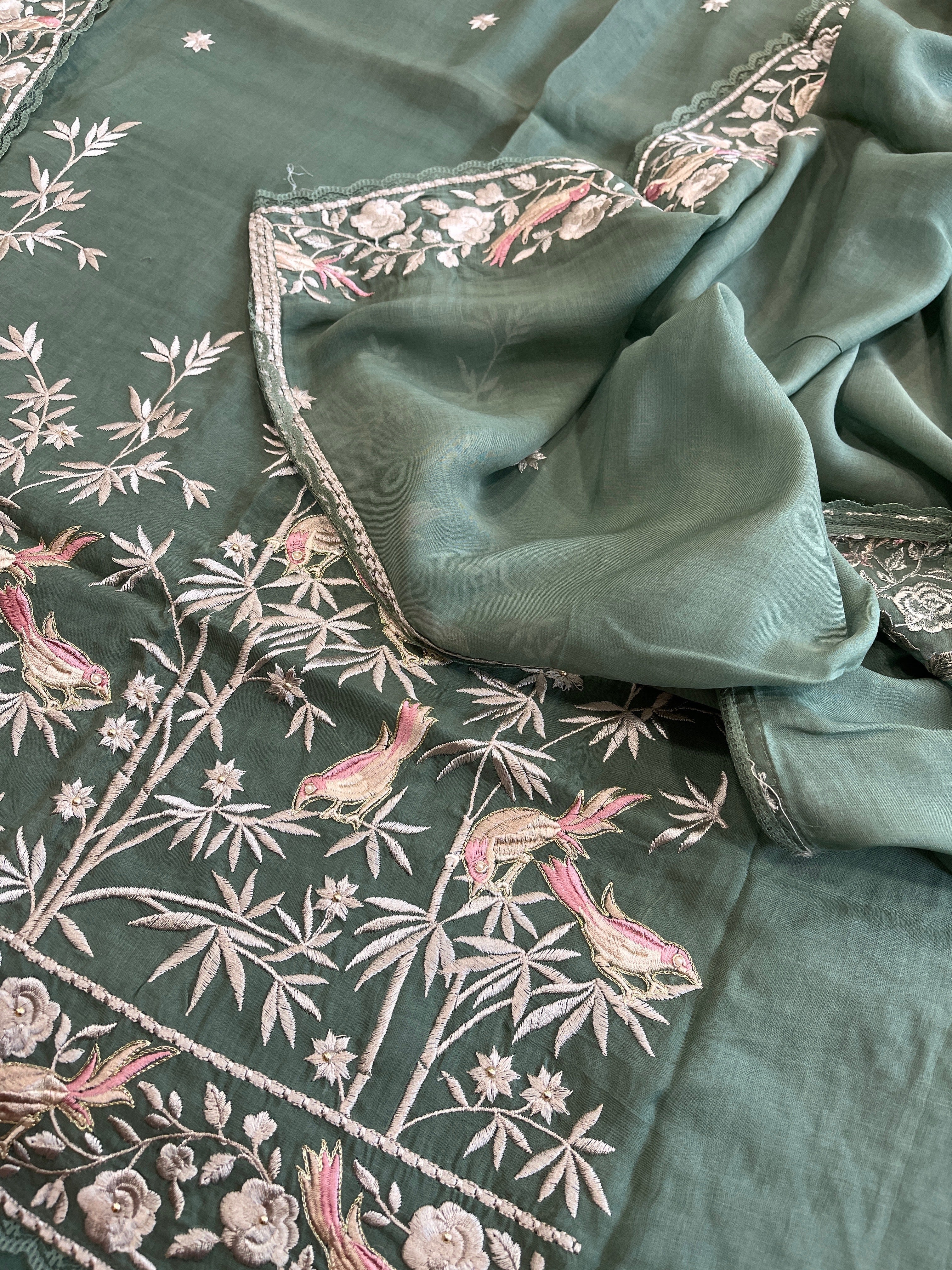 Teal Green Suit Set with Parsi Gara Embroidery Dupatta in Mul Cotton - Masakalee