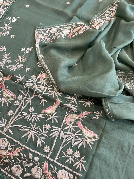 Teal Green Suit Set with Parsi Gara Embroidery Dupatta in Mul Cotton - Masakalee