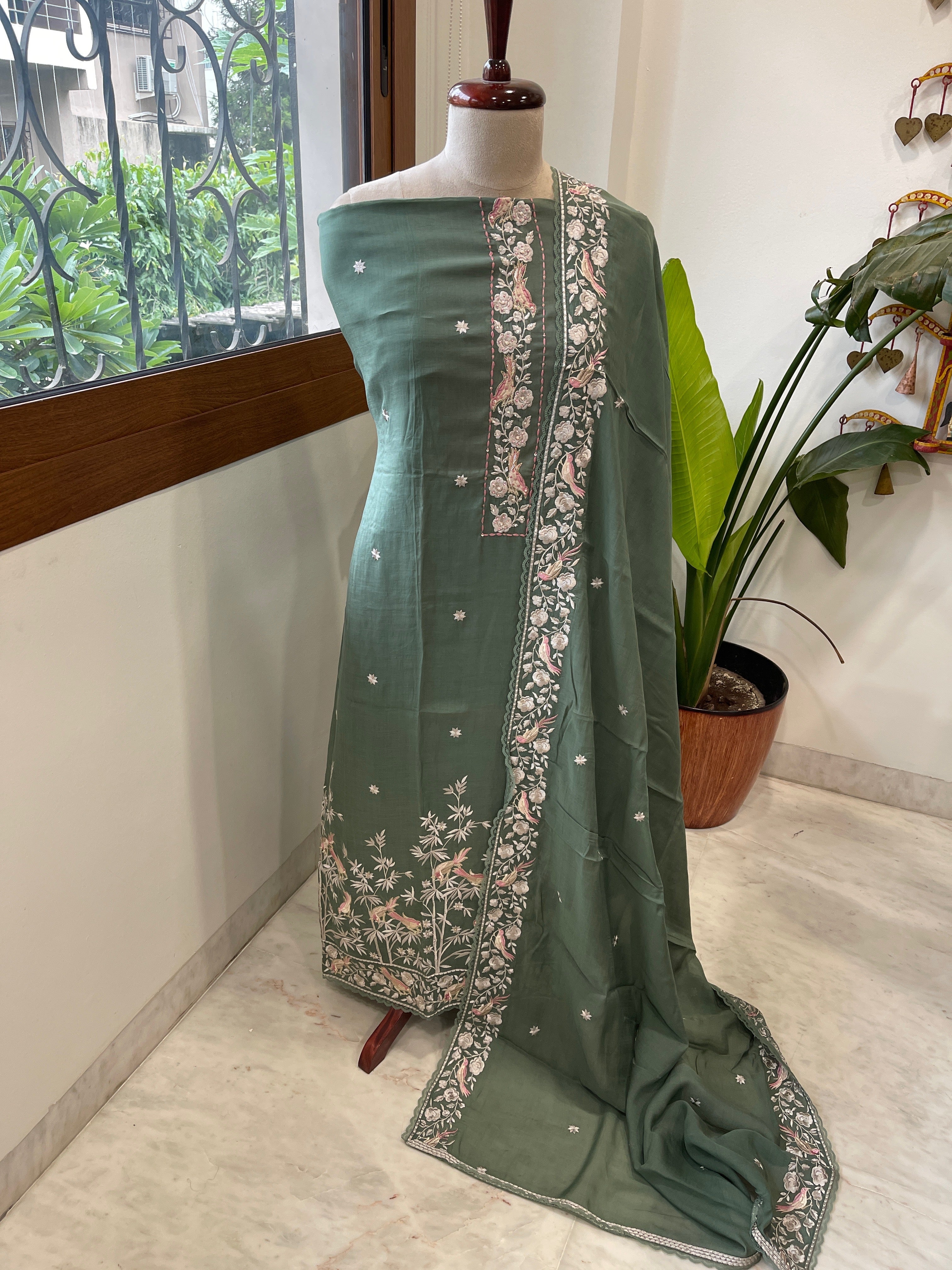 Teal Green Suit Set with Parsi Gara Embroidery Dupatta in Mul Cotton - Masakalee