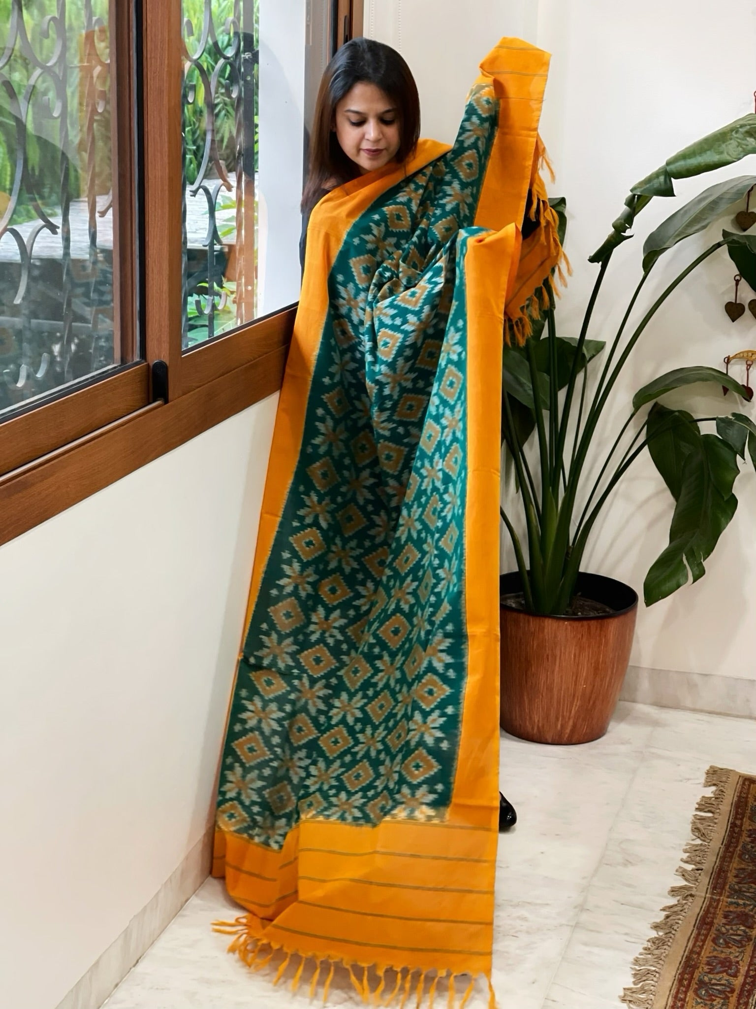Teal Green, Yellow Handwoven Ikat Dupatta in Cotton - Masakalee