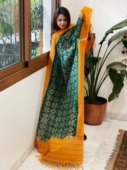 Teal Green, Yellow Handwoven Ikat Dupatta in Cotton - Masakalee