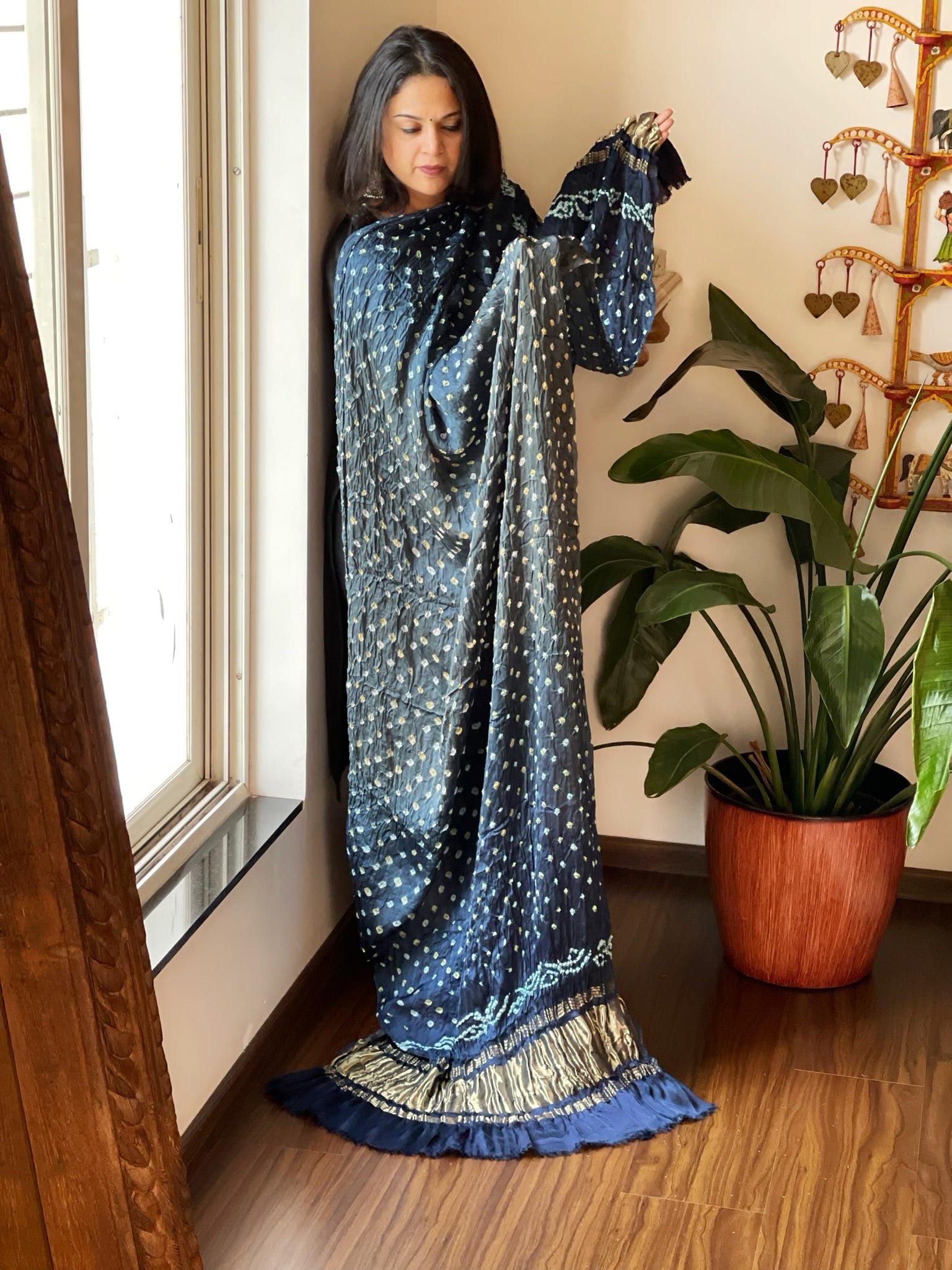 Teal, Grey Bandhani Dupatta with Zari Pallu in Modal Silk - Masakalee