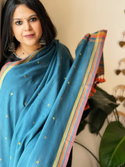 Teal Handwoven Bhujodi Dupatta with Mirror & Thread Handwork in Cotton - Masakalee