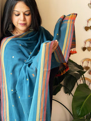 Teal Handwoven Bhujodi Dupatta with Mirror & Thread Handwork in Cotton - Masakalee