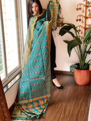 Teal Handwoven Jamdani Dupatta in Pure Muslin - Chanderi - Masakalee
