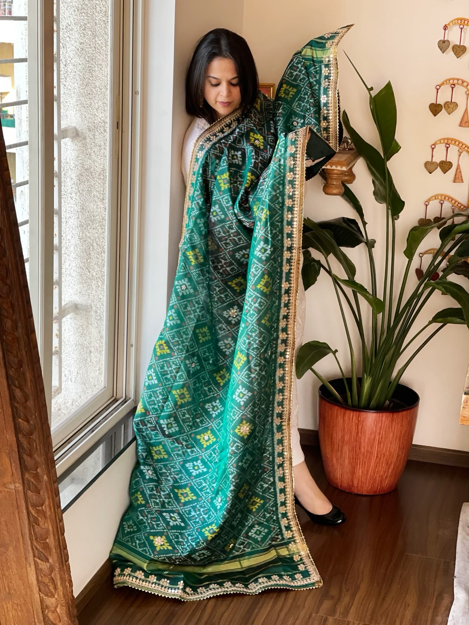 Teal Handwoven Rajkot Patola with Gotapatti Handwork in Pure Silk - Masakalee