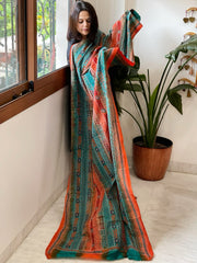Teal, Orange Handmade Kantha Dupatta in Silk - Masakalee
