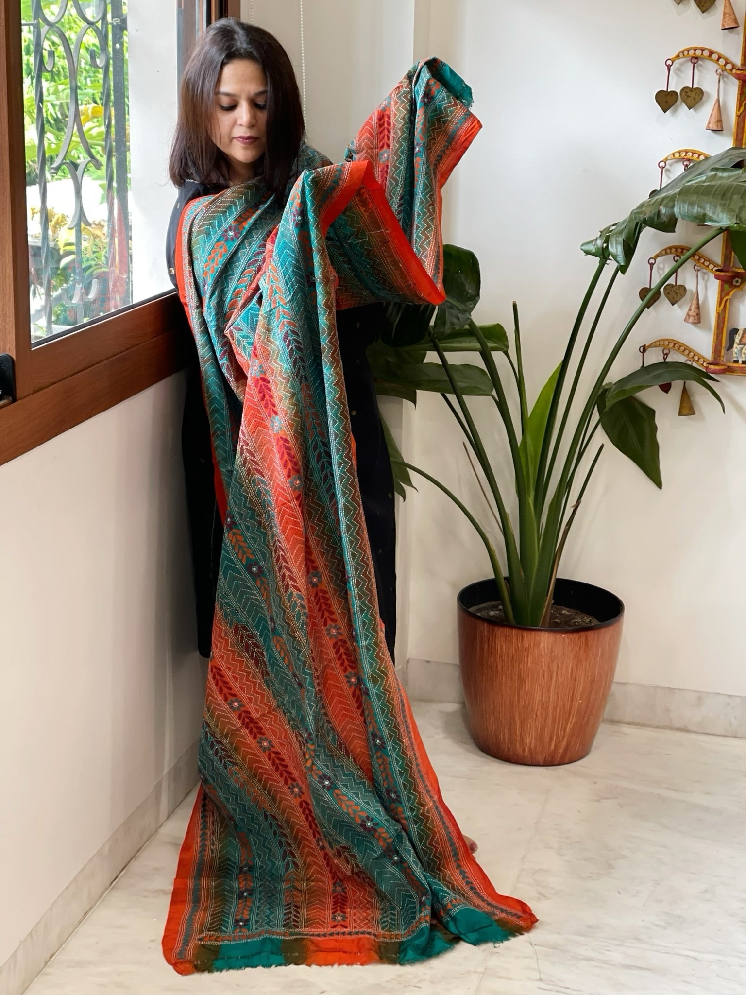 Teal, Orange Handmade Kantha Dupatta in Silk - Masakalee