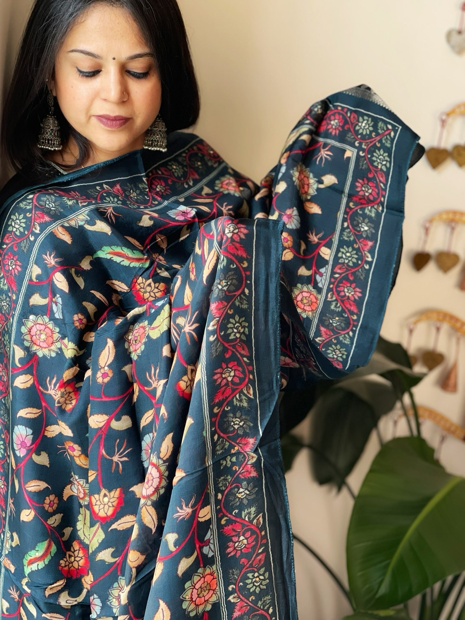 Teal Printed Kalamkari Dupatta with Sequin Work and Zari Pallu in Dola Silk - Masakalee