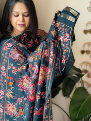 Teal Printed Kalamkari Dupatta with Sequin Work and Zari Pallu in Dola Silk - Masakalee