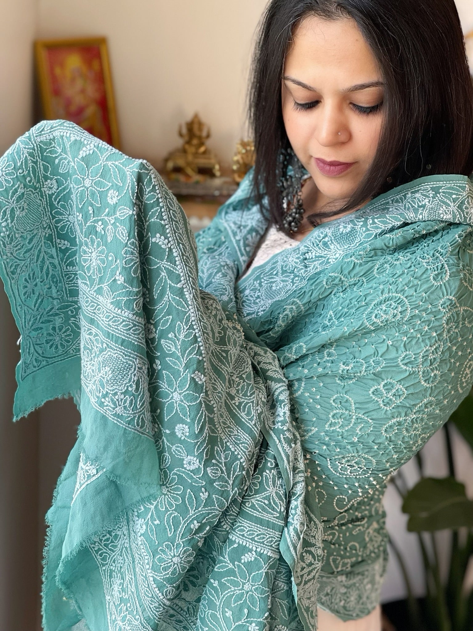 Teal Rai Bandhej Dupatta with Lucknowi Handwork in Pure Georgette - Masakalee