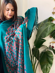 Teal, Red Handwoven Ikat Dupatta in Cotton - Masakalee