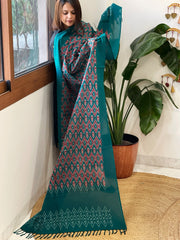 Teal, Red Handwoven Ikat Dupatta in Cotton - Masakalee