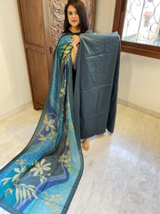 Teal Suit Set with Kantha Stitch Work on Glazed Cotton - Masakalee