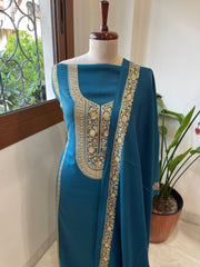 Teal Winter Suit Set with Aari Work in Pashmina Wool - Masakalee