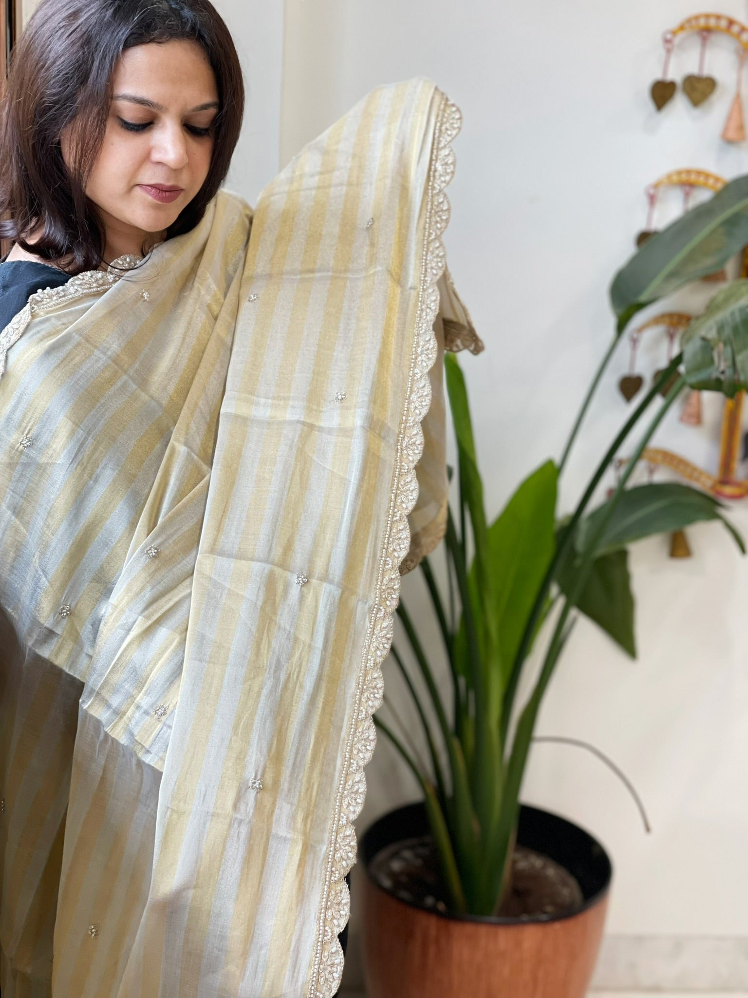 Tissue Chanderi Dupatta with Pearl, Cut Daana Handwork - Masakalee
