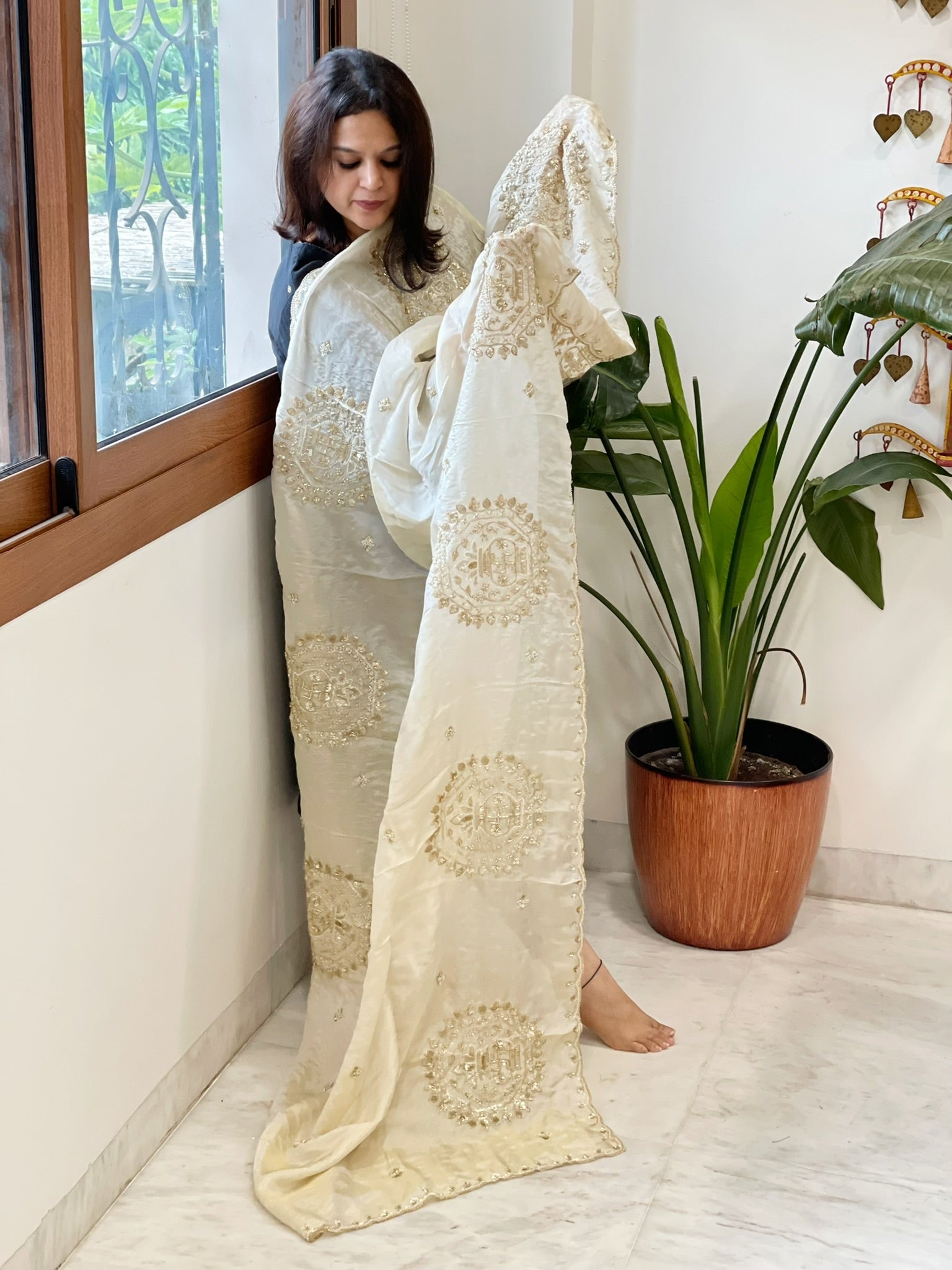 Tissue Crepe Dupatta with Pearl, Cut Daana and Sequin Handwork - Masakalee