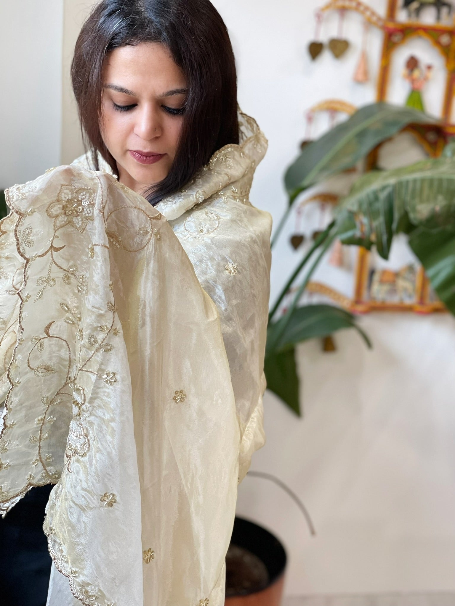 Tissue Crepe Dupatta with Pearl, Cut Daana and Sequin Handwork - Masakalee