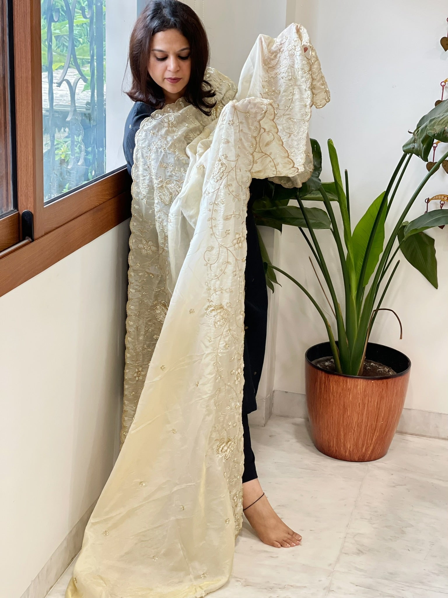 Tissue Crepe Dupatta with Pearl, Cut Daana and Sequin Handwork - Masakalee