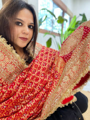 Tomato Red Handwoven NeemZari Bareek Bandhani with Sequin, Dabka Handwork in Pure Georgette - Masakalee
