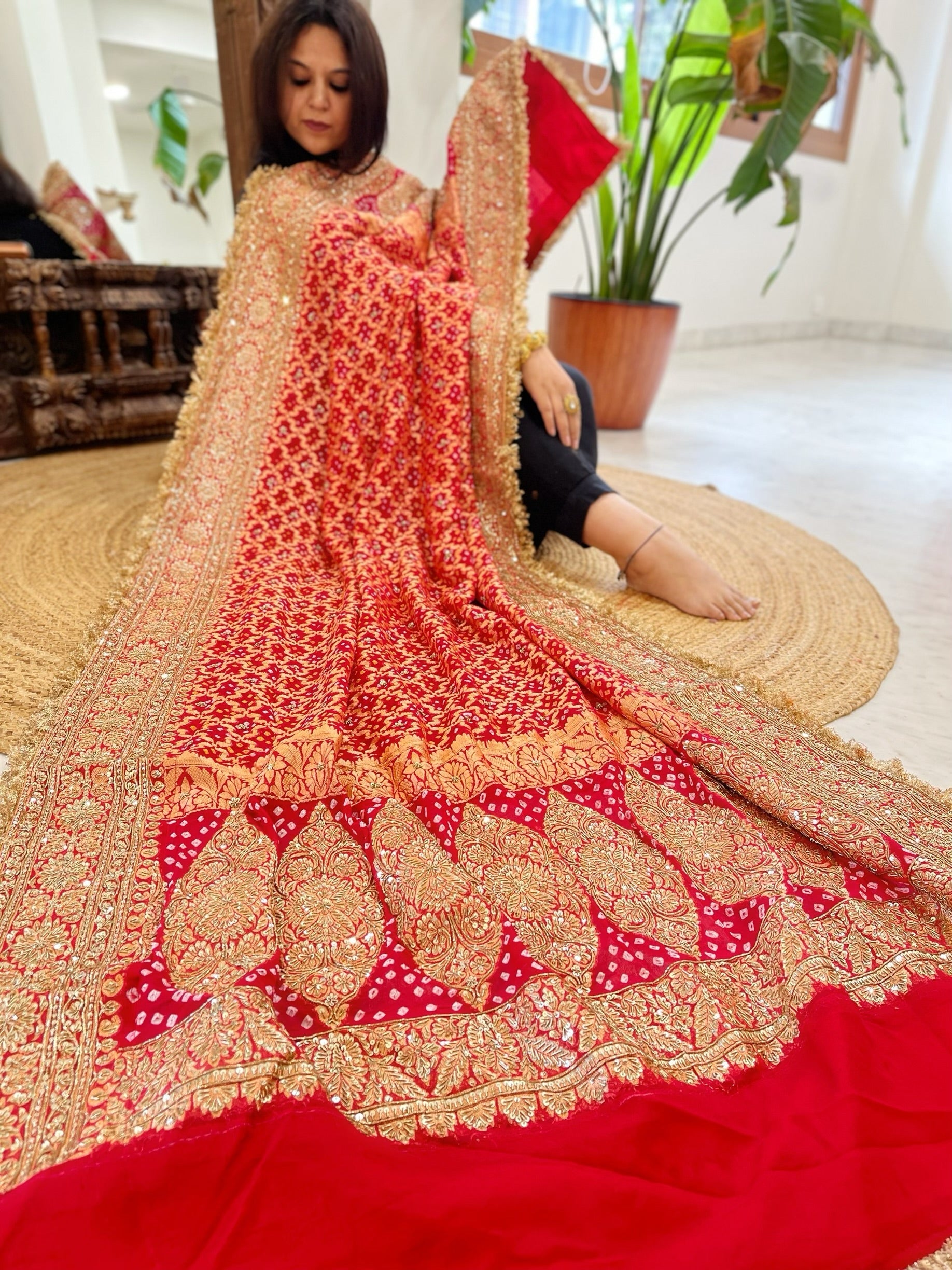 Tomato Red Handwoven NeemZari Bareek Bandhani with Sequin, Dabka Handwork in Pure Georgette - Masakalee