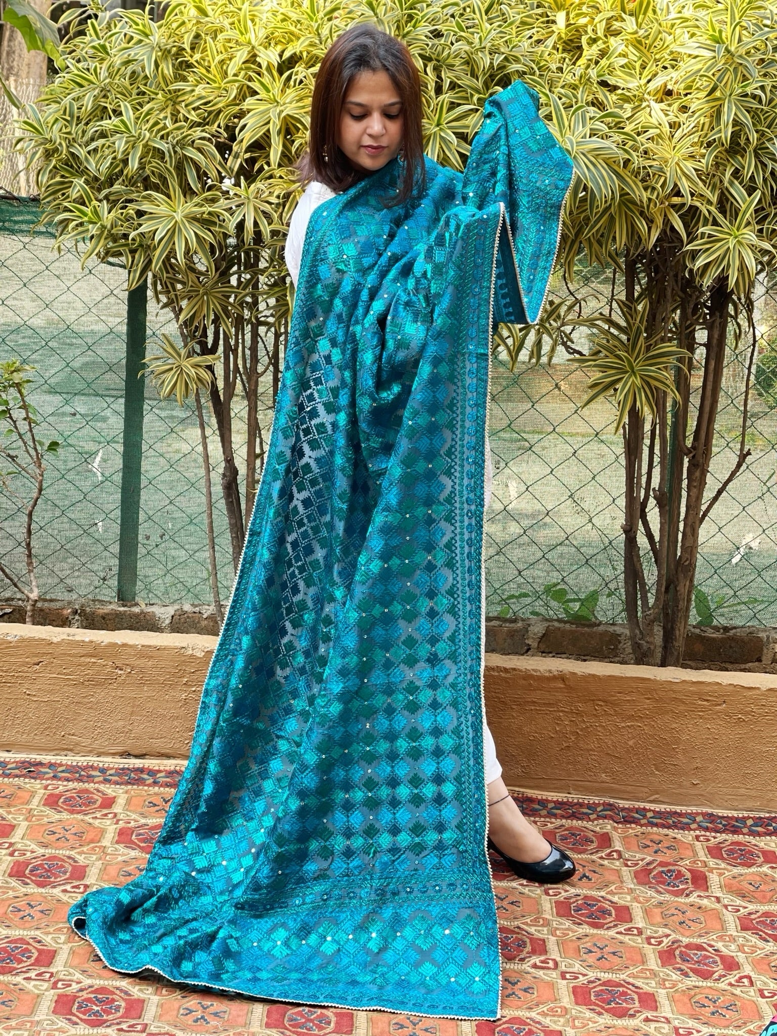 Turquoise Designer Phulkari Dupatta in Chinon - Masakalee