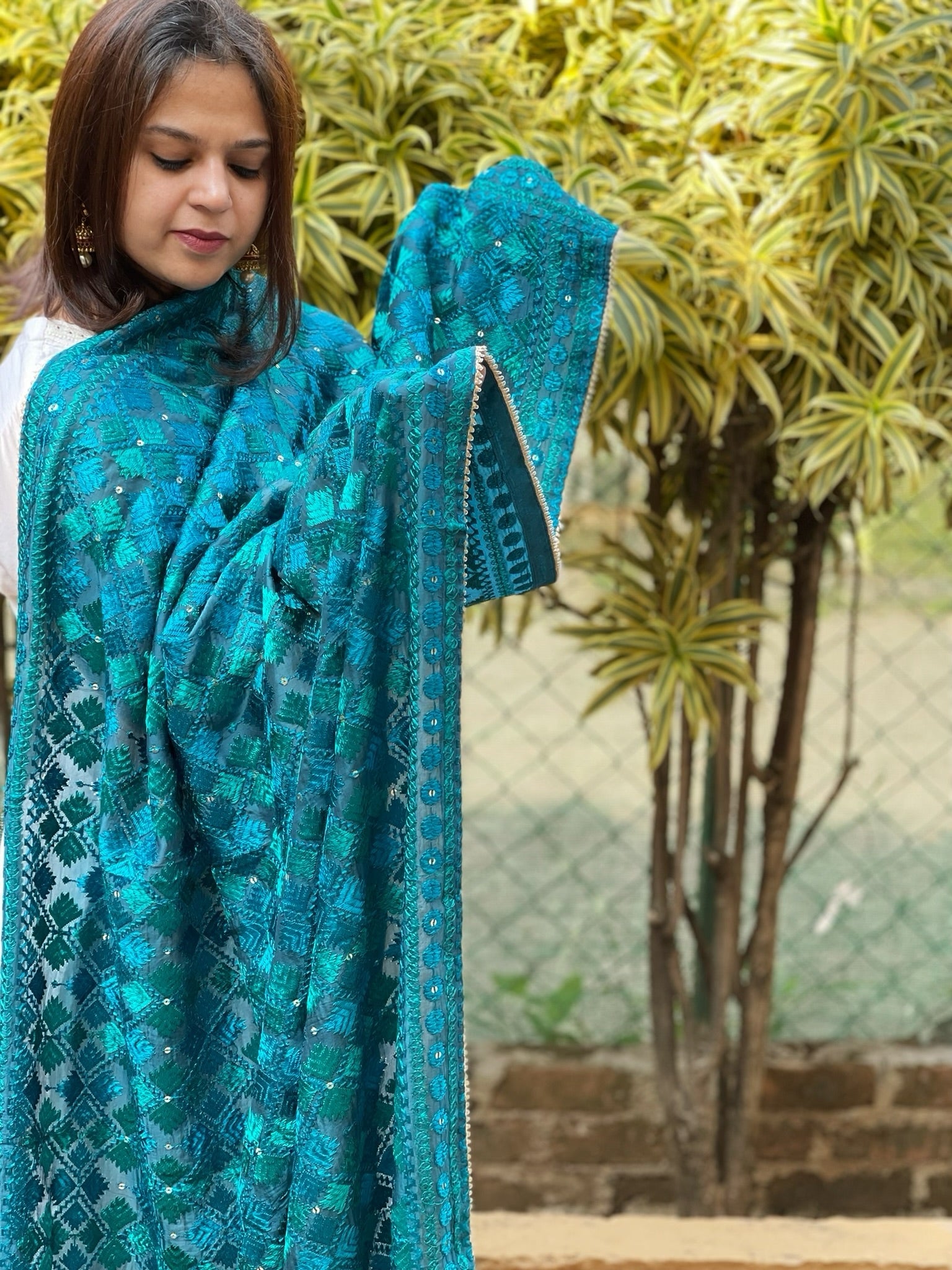 Turquoise Designer Phulkari Dupatta in Chinon - Masakalee