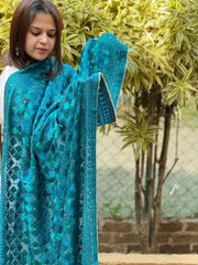 Turquoise Designer Phulkari Dupatta in Chinon - Masakalee