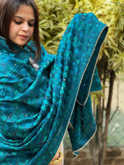 Turquoise Designer Phulkari Dupatta in Chinon - Masakalee