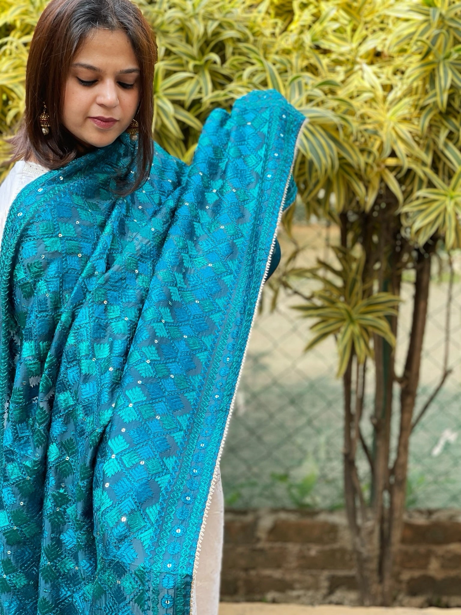 Turquoise Designer Phulkari Dupatta in Chinon - Masakalee
