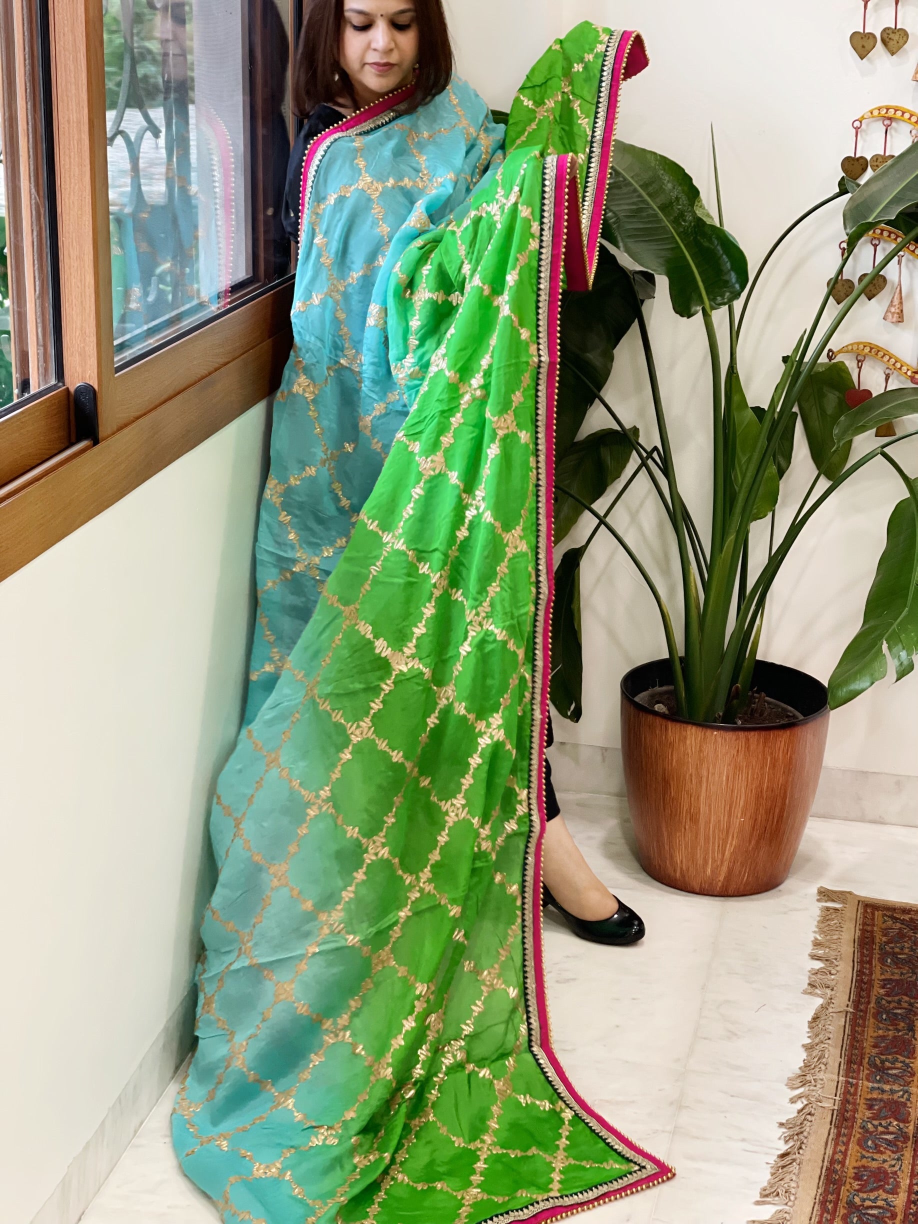 Turquoise, Green Chinon Dupatta with Gota Lace Work - Masakalee
