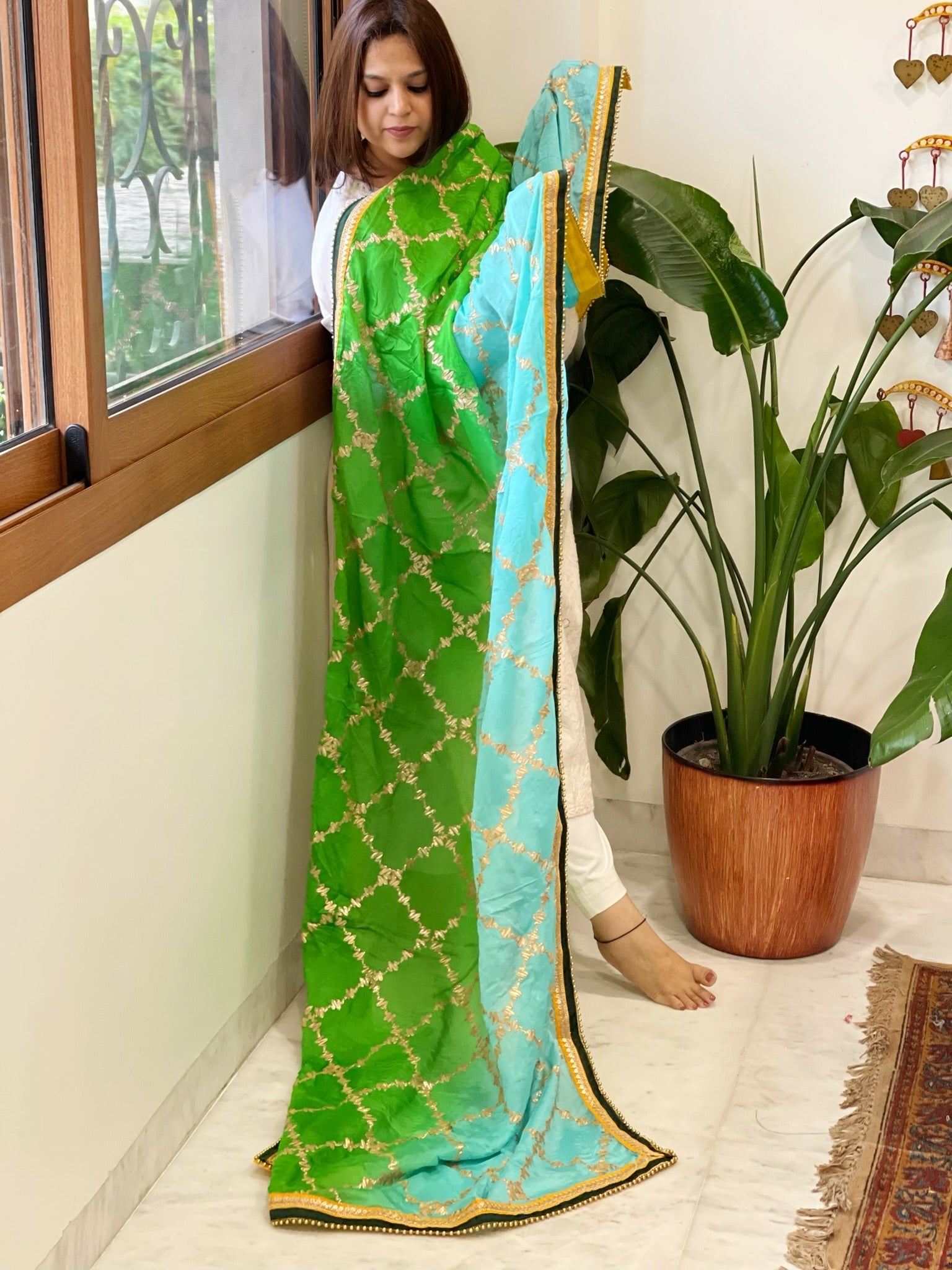 Turquoise, Green Chinon Dupatta with Gota Lace Work - Masakalee