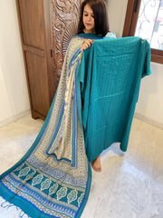 Turquoise Suit Set with Kantha Stitch Work on Glazed Cotton - Masakalee
