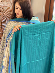 Turquoise Suit Set with Kantha Stitch Work on Glazed Cotton - Masakalee