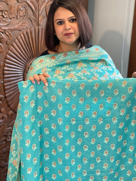 Turquoise Woven Suit Set with Zari and Meenakari in Weaving in Pure Moonga Silk - Masakalee