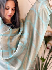 Turquoise Woven Zari Pashmina Check Design Stole - Masakalee