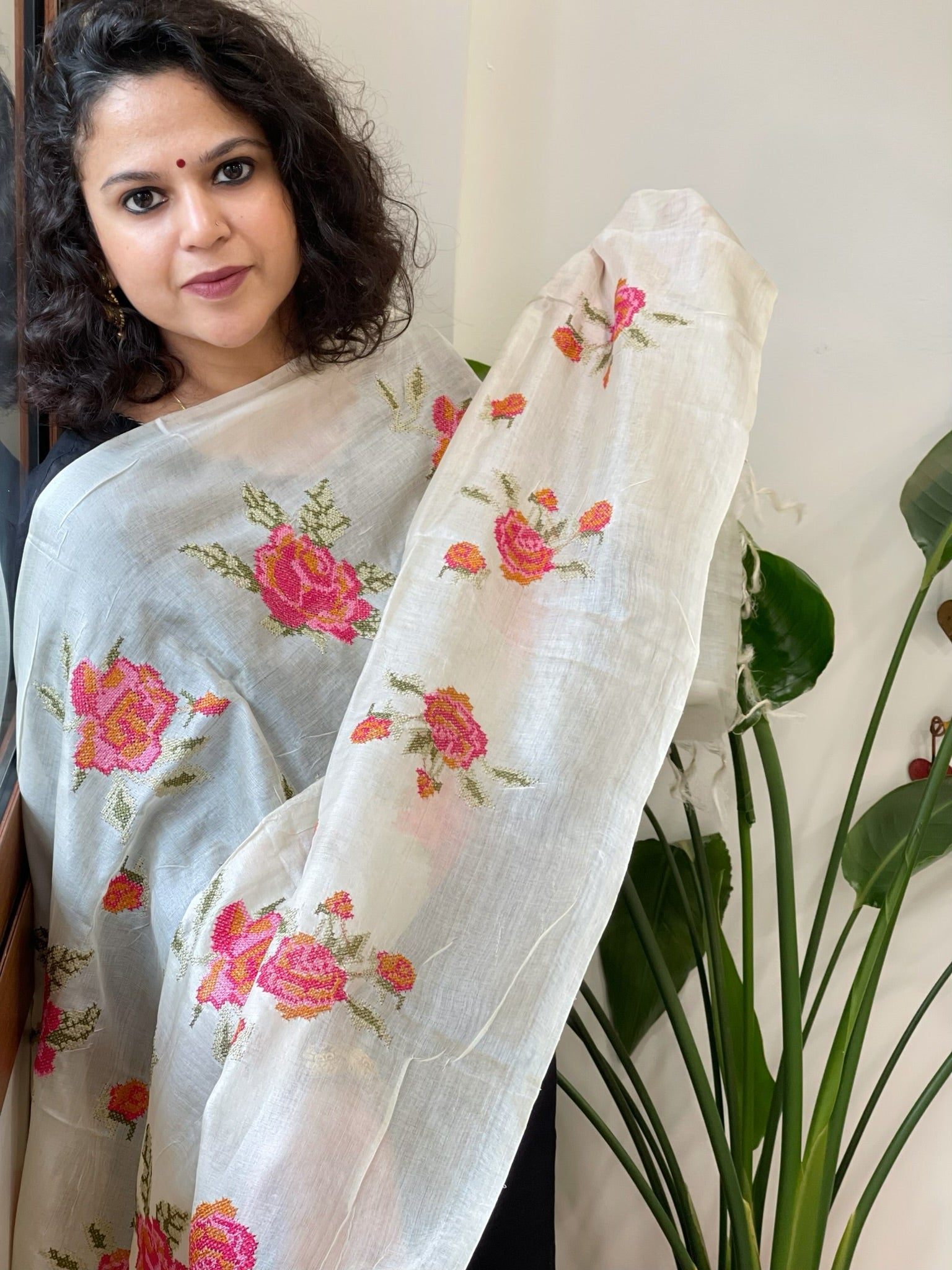 Tussar Silk Dupatta with cross - stitch embroidery - Masakalee
