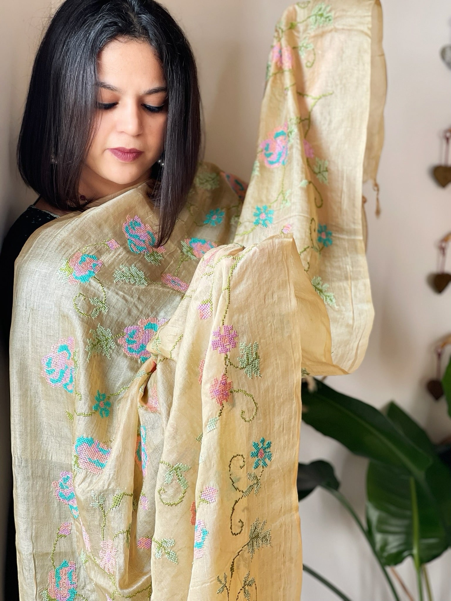 Tussar Silk Dupatta with cross - stitch embroidery - Masakalee