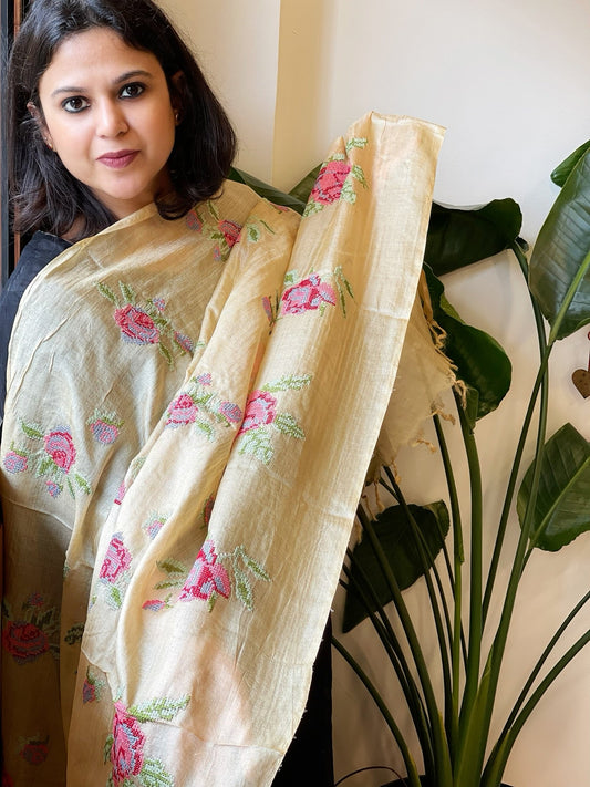 Tussar Silk Dupatta with cross - stitch embroidery - Masakalee