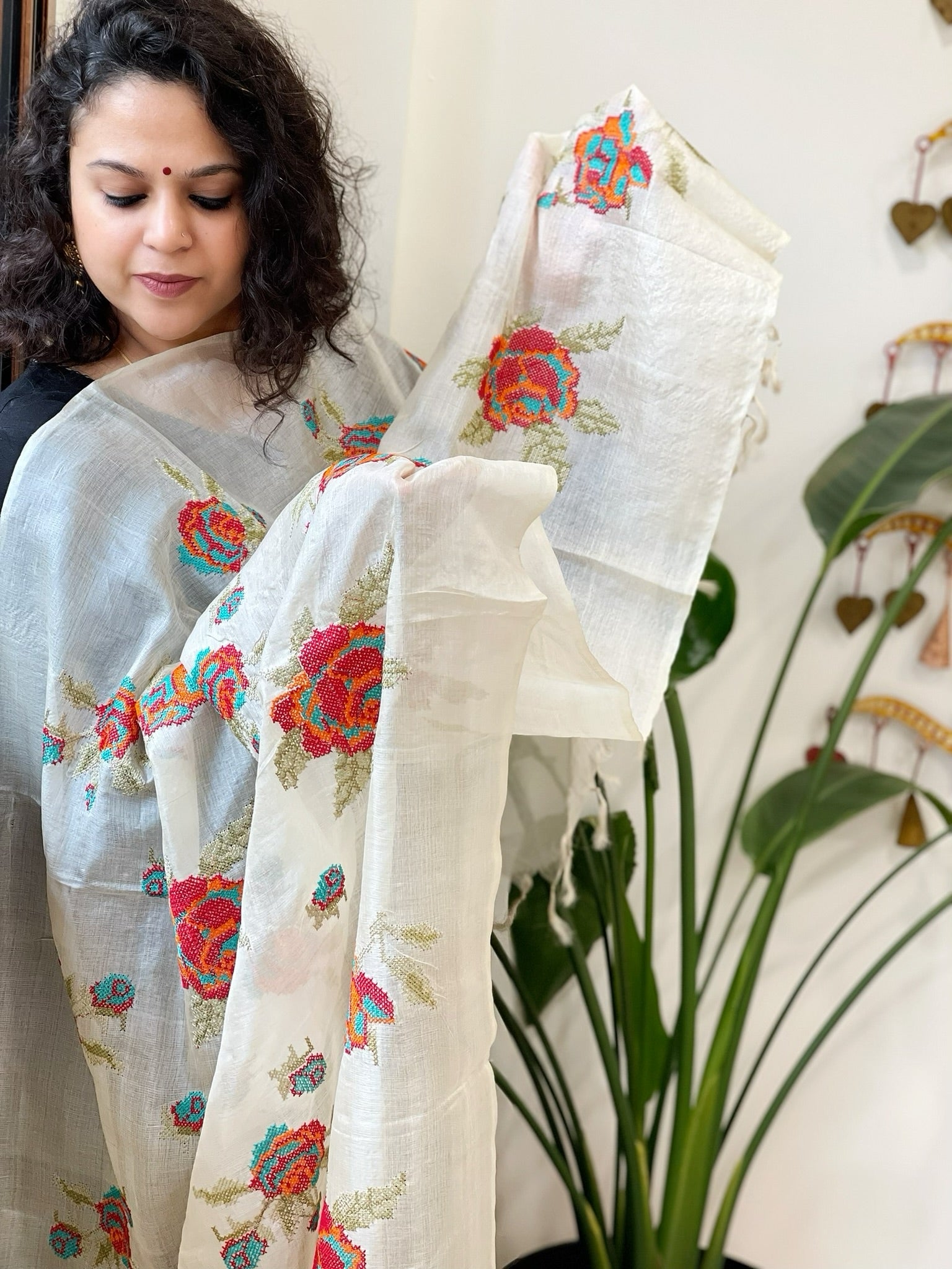 Tussar Silk Dupatta with cross - stitch embroidery - Masakalee
