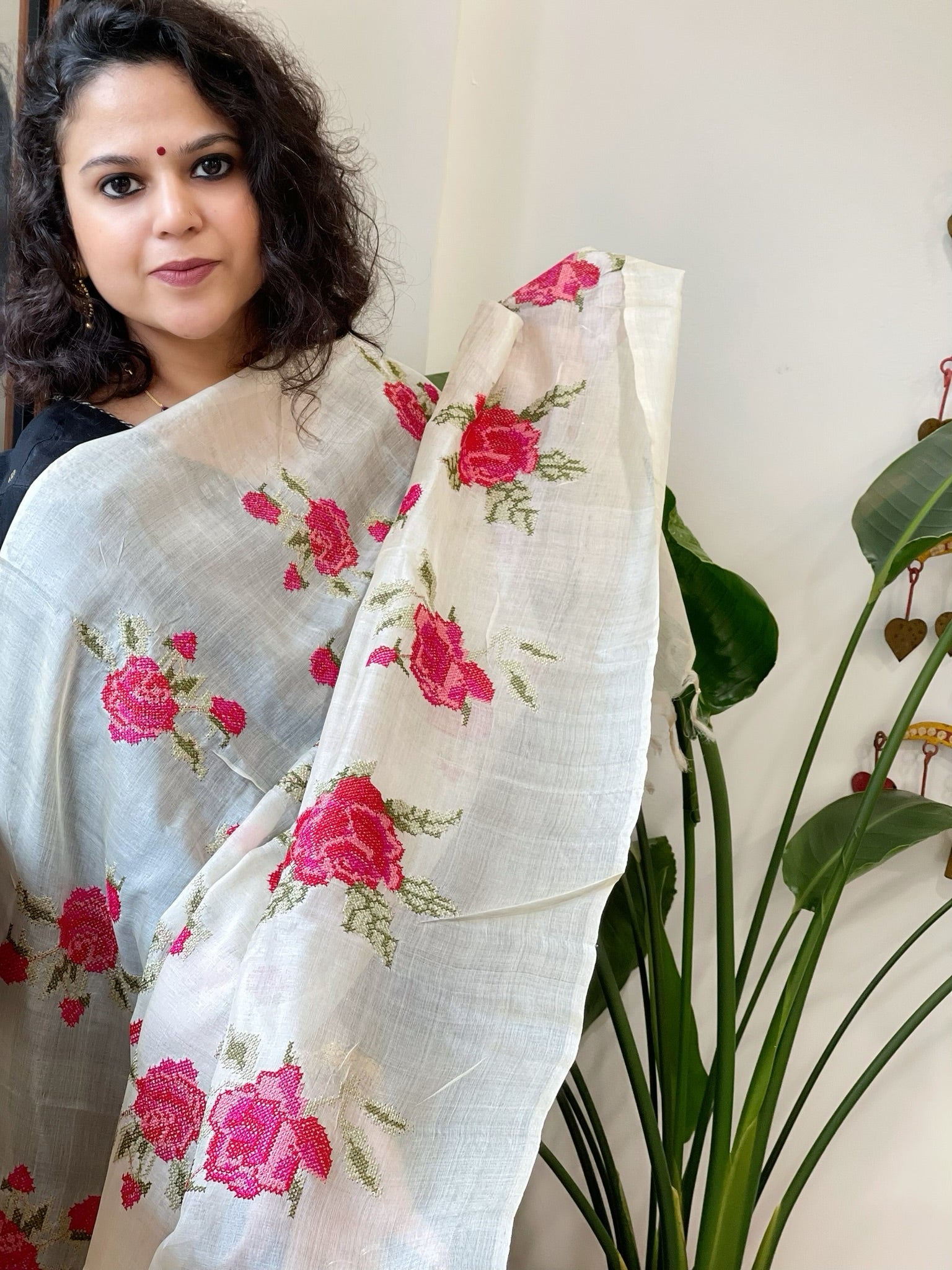 Tussar Silk Dupatta with cross - stitch embroidery - Masakalee