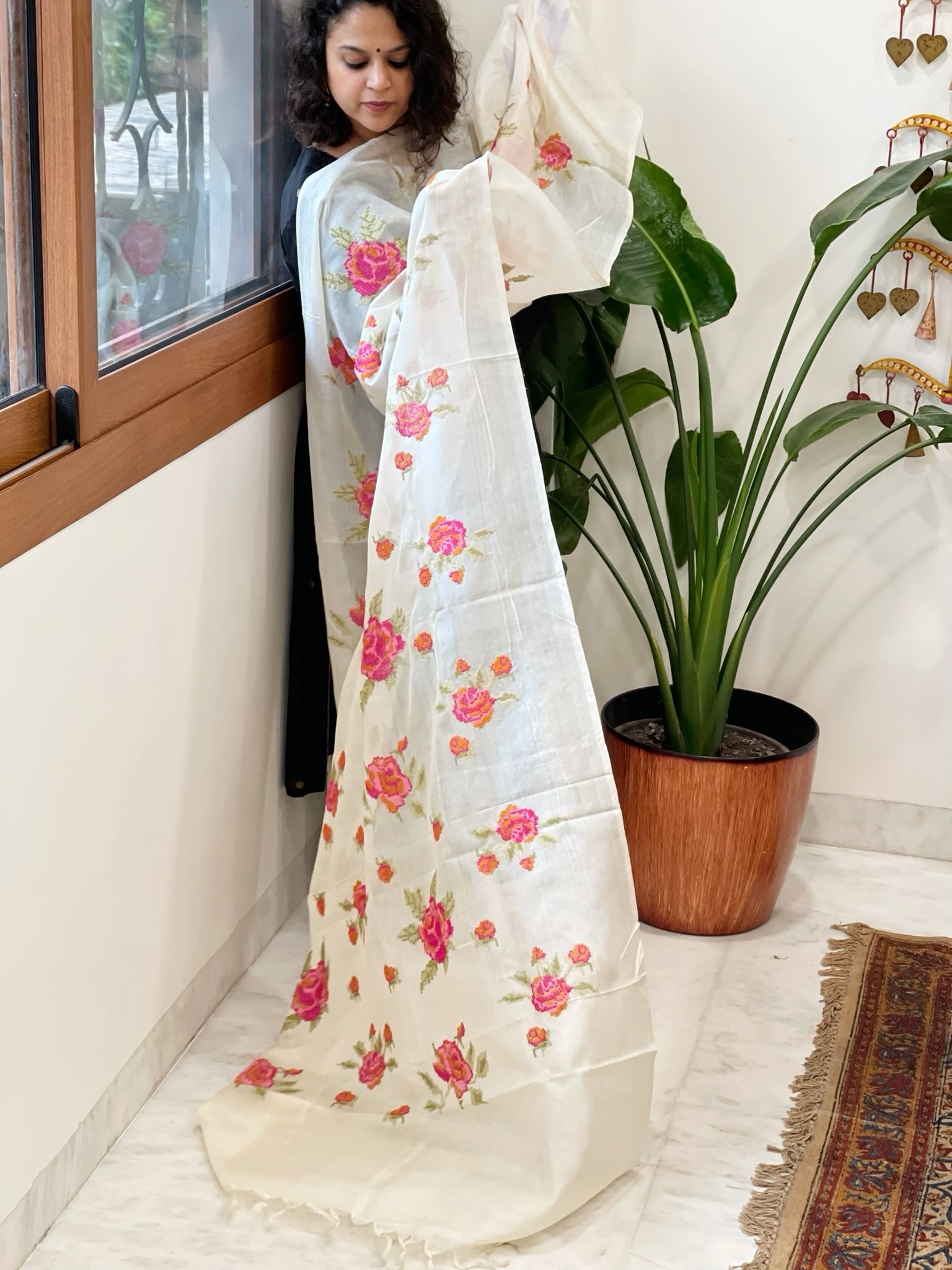 Tussar Silk Dupatta with cross - stitch embroidery - Masakalee
