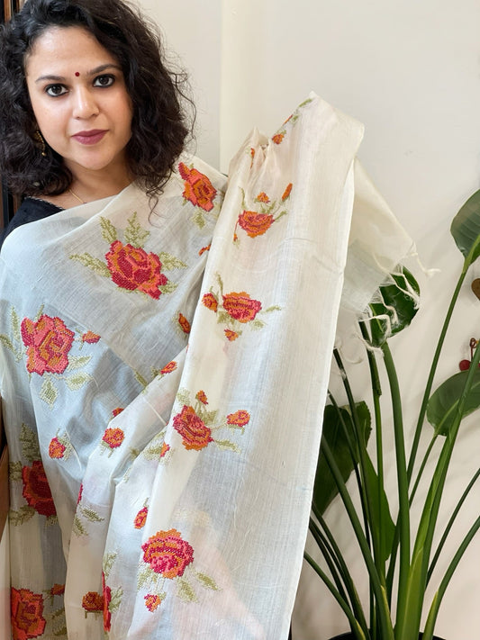 Tussar Silk Dupatta with cross - stitch embroidery - Masakalee