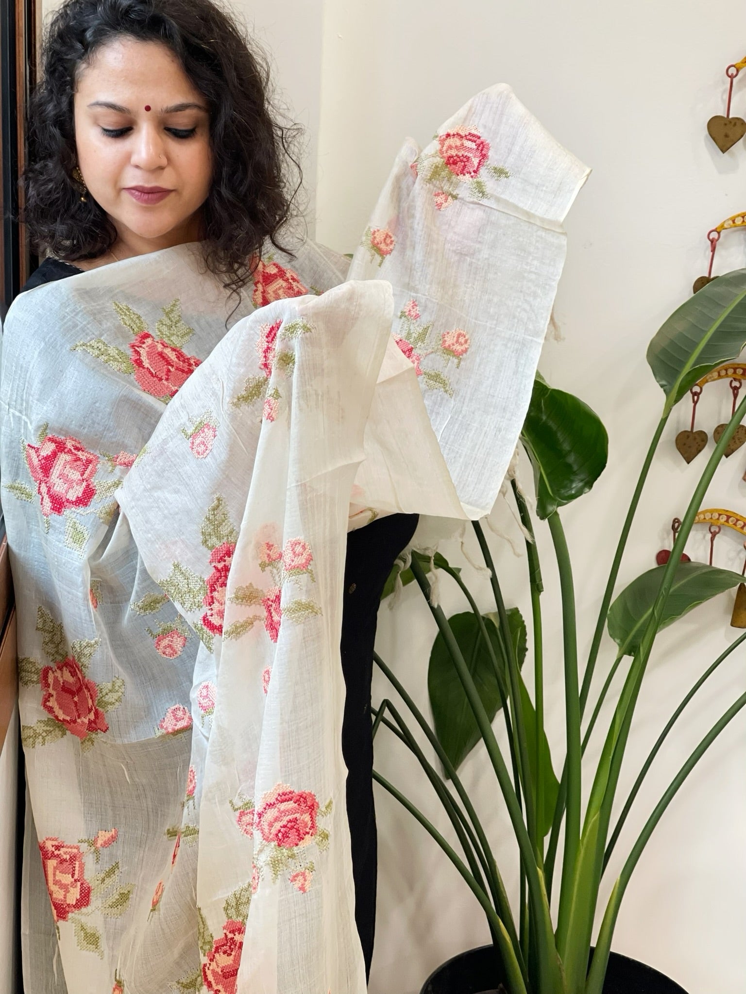 Tussar Silk Dupatta with cross - stitch embroidery - Masakalee